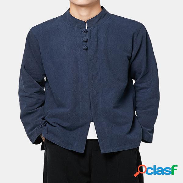 Mens Outono Estilo Chinês Vintage Buckle Plain Stand Collar
