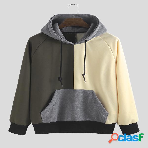 Mens Patchwork Contraste Cor Muff Pocket Drawstring Hoodies