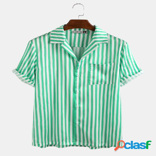 Mens Plain Color Striola Turn Down Collar Camisas de manga
