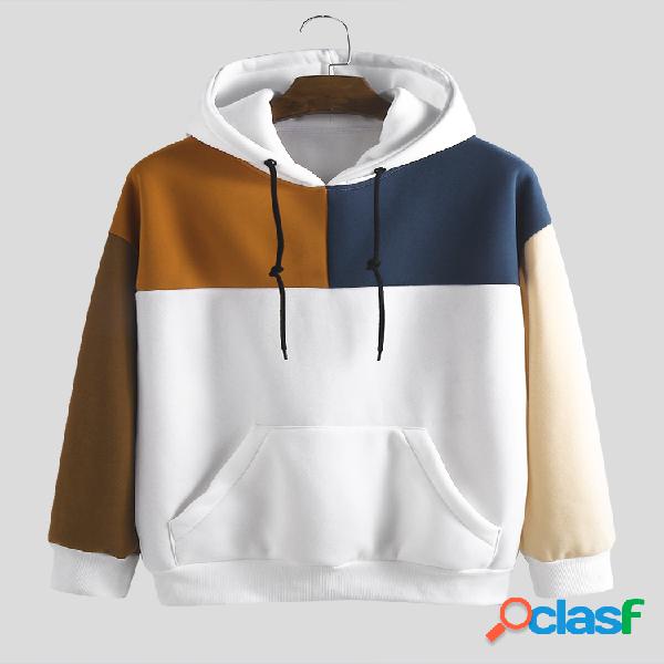 Mens Plain Patchwork Contraste Cor Muff Pockets Drawstring