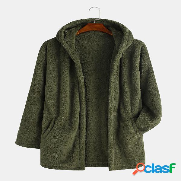 Mens Solid Color Fleece manga comprida Hoodie Casaco casual