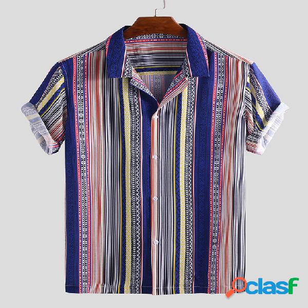 Mens Stripe Ethnic Printed Turn Down Collar Camisas de manga