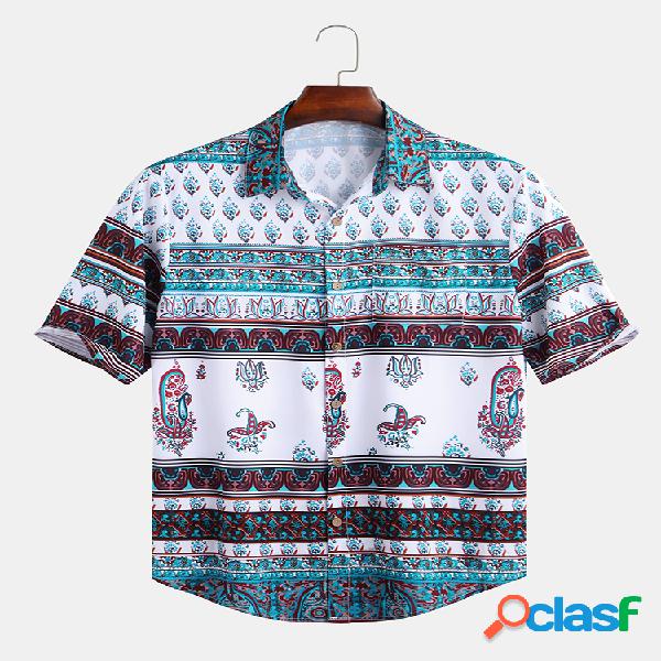 Mens Vintage Ethnic Style Printing Manga curta Loose Casual