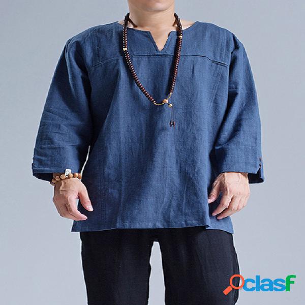 Mens algodão étnico sólido casual manga comprida camiseta
