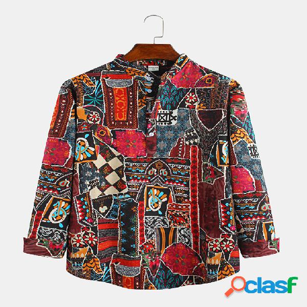 Mens casual outono estilo étnico impressão manga longa