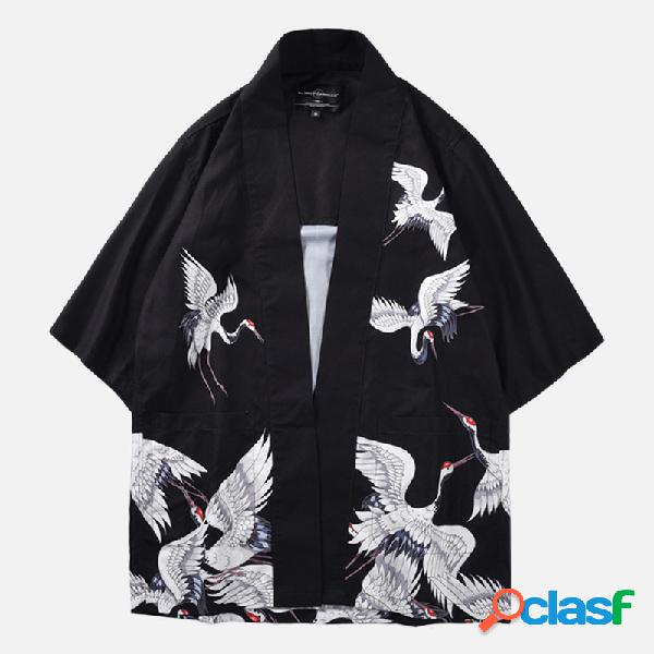 Mens casual quimono japonês cardigan meia manga solta
