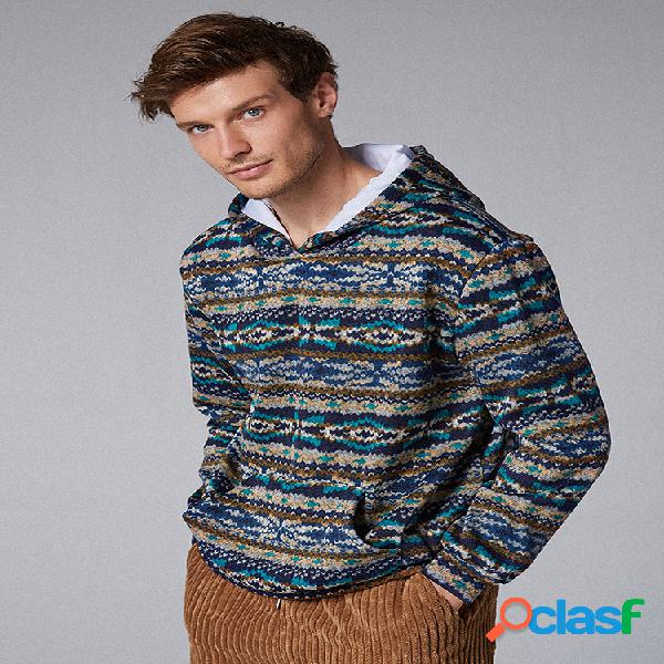 Mens estilo étnico impressão manga longa solta tricô