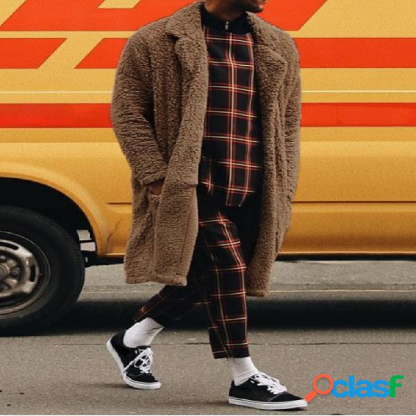 Mens inverno velo de pelúcia quente casaco longo jaqueta