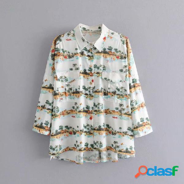 Mulher nova Tropical Coco Print solto Camisa