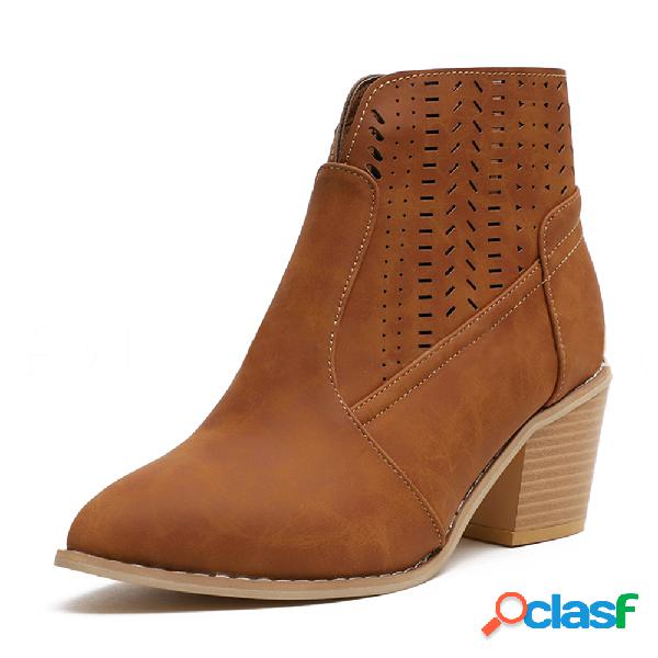 Oco Out Splicing V Forma Casual Salto Grosso Zipper Botas