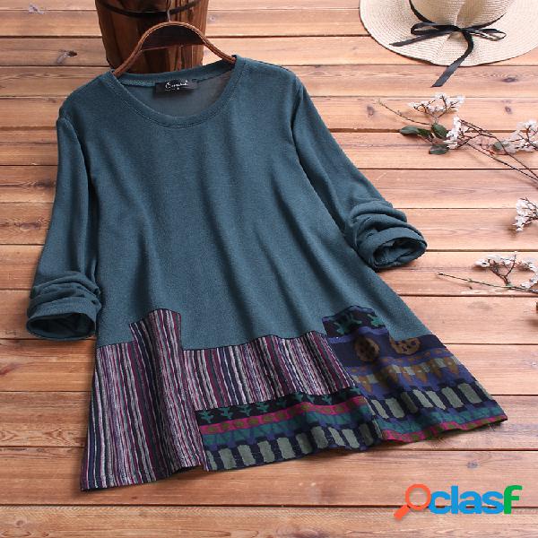 Patchwork Casual Gola manga comprida Plus Blusa tamanho