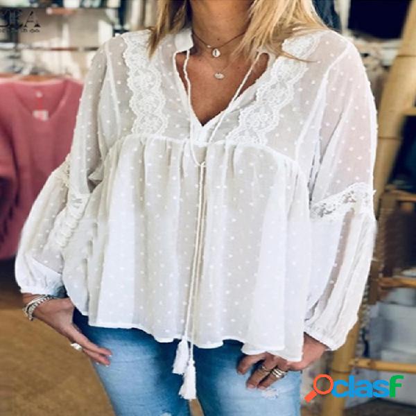 Patchwork Casual V-neck Plus Blusa de tamanho