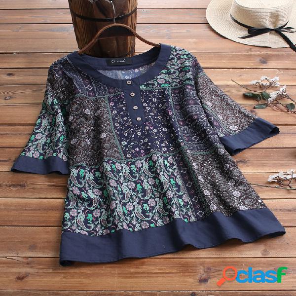 Patchwork Imprimir Gola Botão Plus Blusa Tamanho