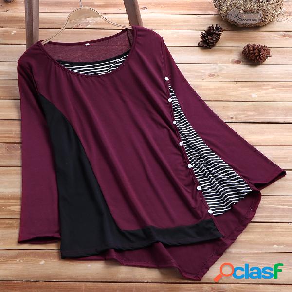 Patchwork Listrado Botão Irregular Hem Long Sleeve Plus