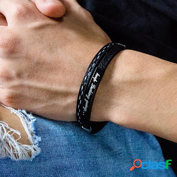 Pulseira de couro casual para homens Letras em aço
