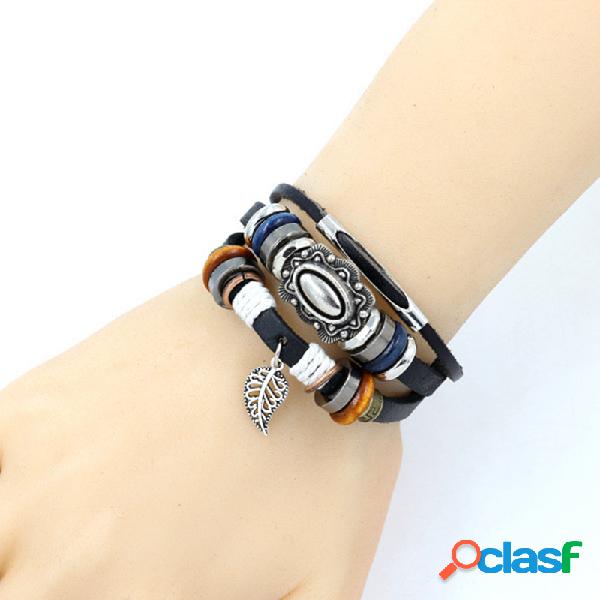Pulseira de couro frisada do vintage ajustável Folha Tassel