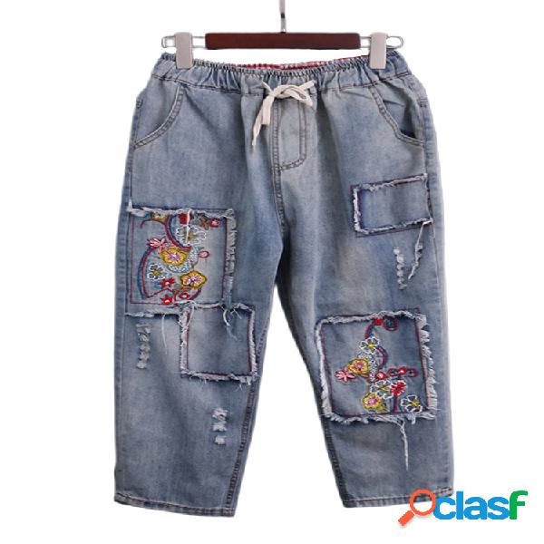 Remendo Bordado Vintage Elástico Na Cintura Denim