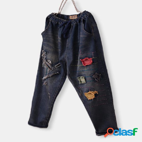 Remendo bordado rasgado Drawstring Vintage Denim
