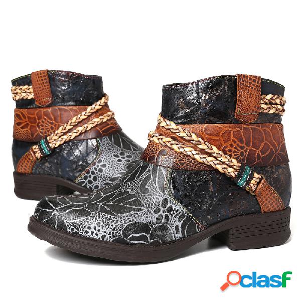 SOCOFY Corda tecida em relevo Couro Genuíno Soft Ankle