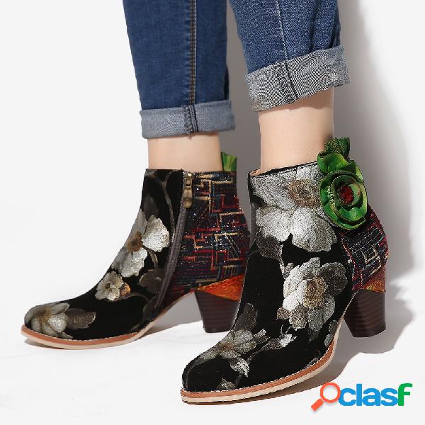SOCOFY Flor verde Couro Genuíno Zipper de emenda Botas de