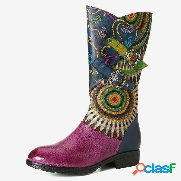 SOCOFY Folkways Padrão Fivela de metal Couro Genuíno Botas