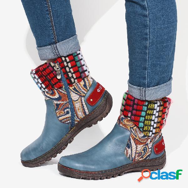 SOCOFY Retro azul Colorful Emenda de lã Couro Genuíno