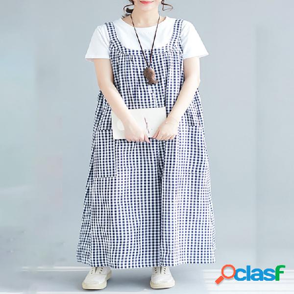 Strap Plaid Print Wide Leg Romper Casual para mulheres