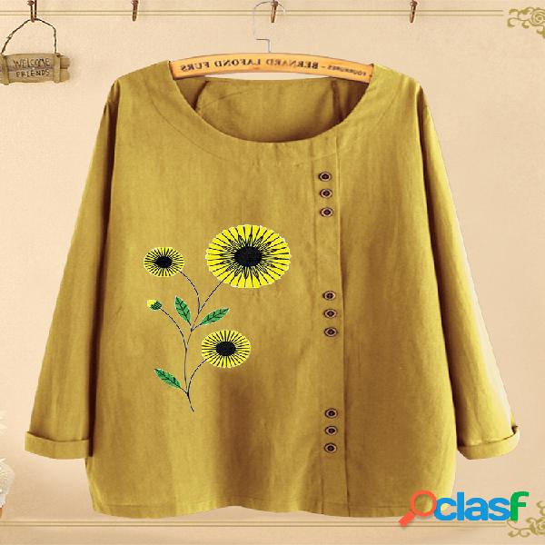 Sun flores imprimir botão manga comprida Plus tamanho Blusa