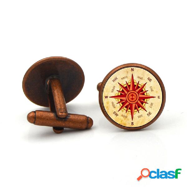 Vintage 1 Par de Abotoaduras Compass Disk Rodada De Vidro De