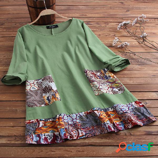 Vintage Patchwork Print Plus Blusa de tamanho com bolsos