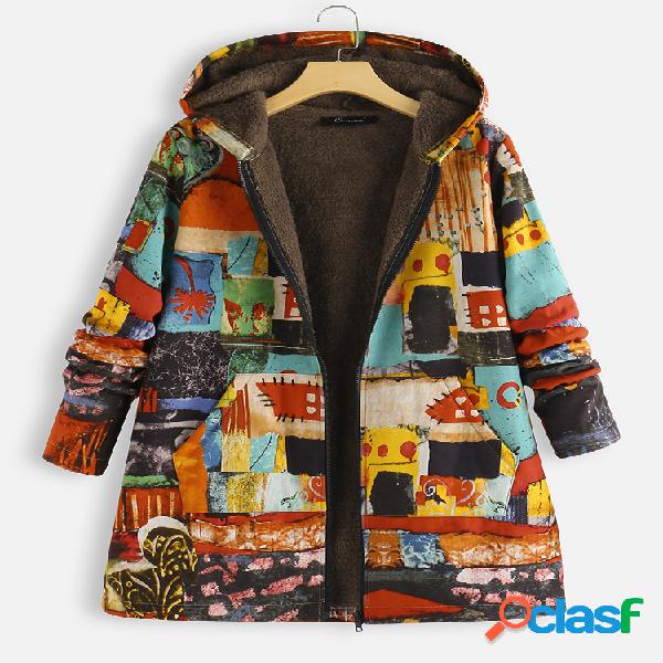 Vintage Printed Fleece Hooded Plus Casaco de tamanho para