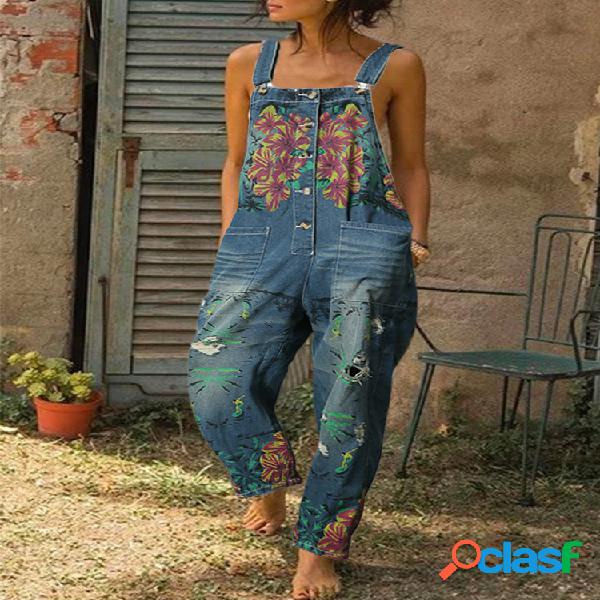 Vintage Straps Floral Print Denim Jumpsuit Para Mulheres