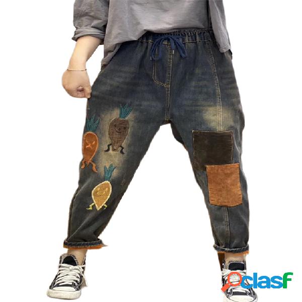 Vintage bordado cenoura cintura elástica Harem Denim