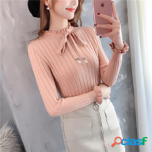 Women's Season Bottoming Shirt New Wooden Ear Collar Slim