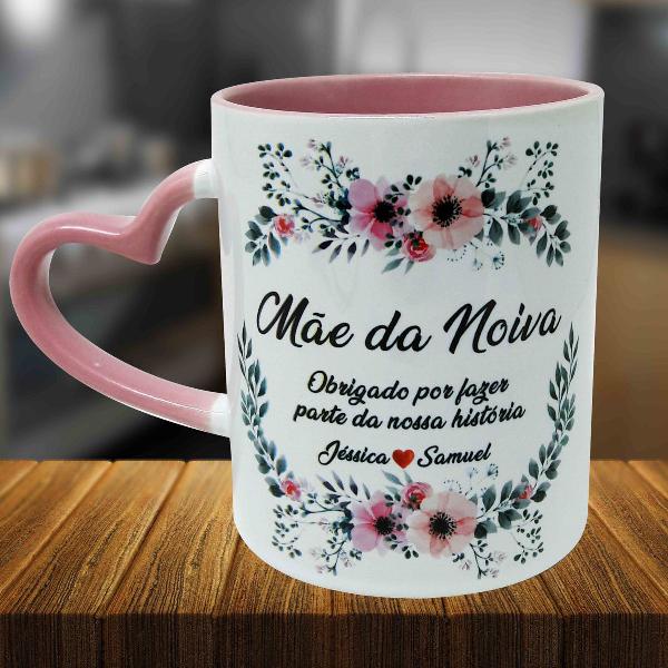 caneca alça de coração rosa - mãe da noiva casamento