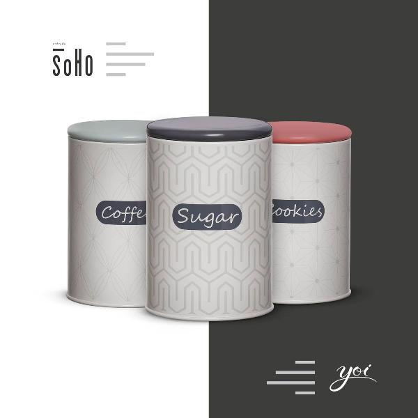 conjunto composto por 3 latas: cookies, coffee e sugar