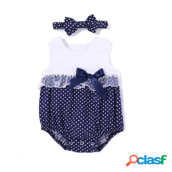 2Pcs Lace Decor Girls Romper sem mangas + Headband para