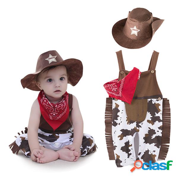 3pcs estilo cowboy menino macacão conjunto algodão romper