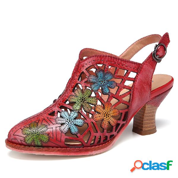 Angustiado recorte floral couro fivela cinta slingback dedo