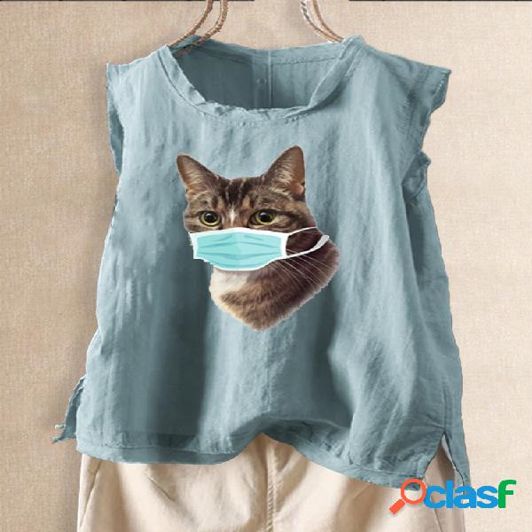 Animal Cat Máscara Camisola de alças sem mangas impressa