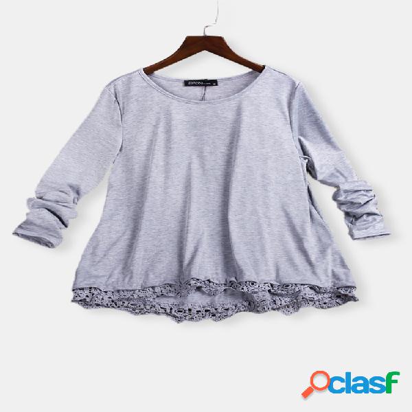 Blusa Feminina Casual Solto de Crochê de Retalhos Com Colar