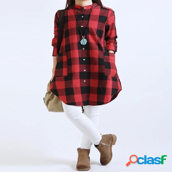 Blusa de Xadrez Escocê de Algodão Com Mnga Longa e Bolsos