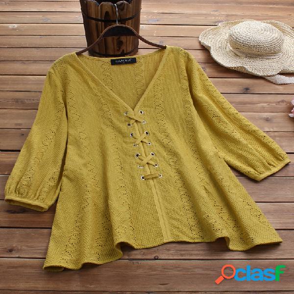 Blusa de cor sólida bordado oco Vintage para mulheres