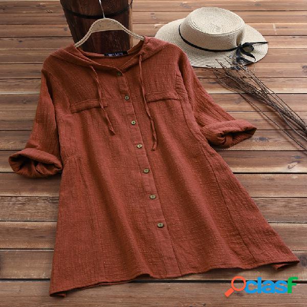 Blusa de manga comprida com capuz de cordão cor sólida