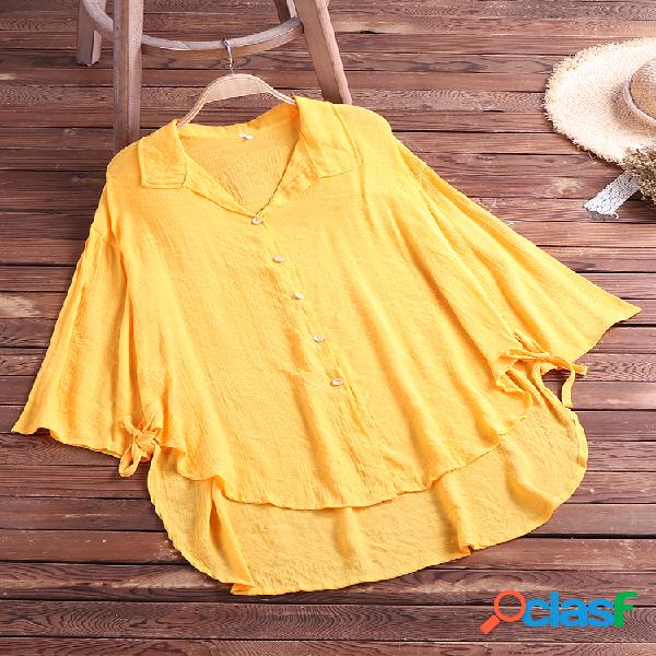Blusa de manga comprida irregular de cor sólida vintage