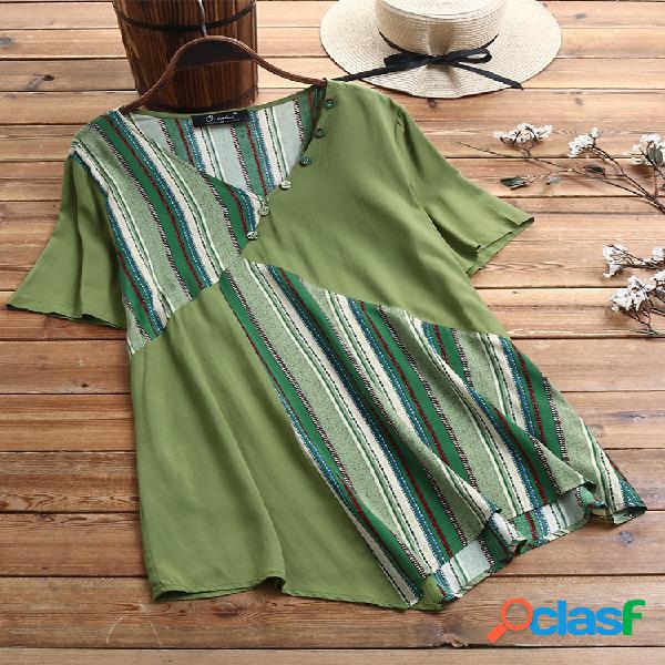 Blusa de mangas curtas de retalhos listrados Plus