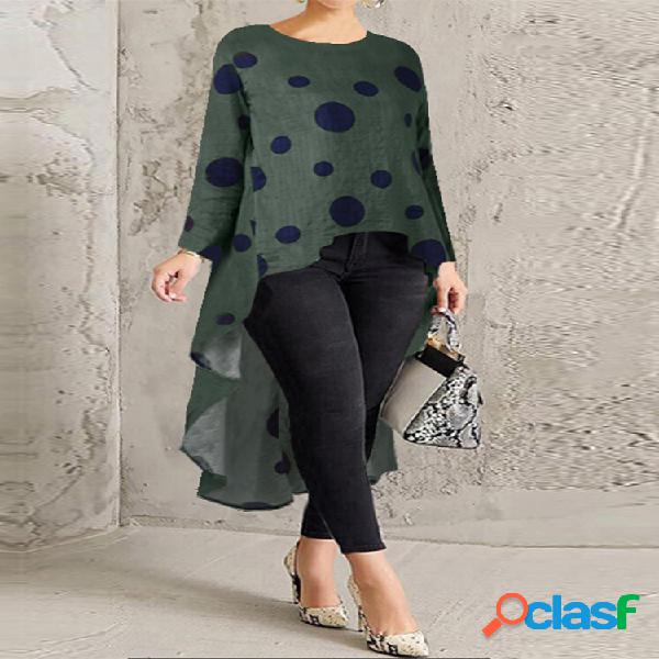 Blusa de tamanho Plus alta bainha de impressão de bolinhas