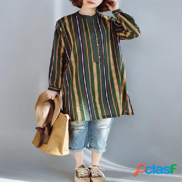 Blusas de botão impresso listrado vintage para mulheres