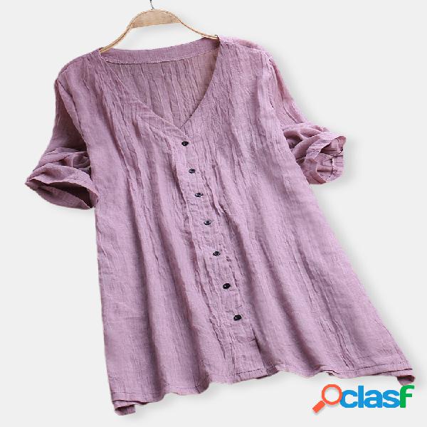 Blusas de manga comprida sólida com decote em v