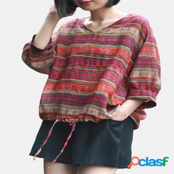 Blusas de manga comprida vintage com decote em v com cordão